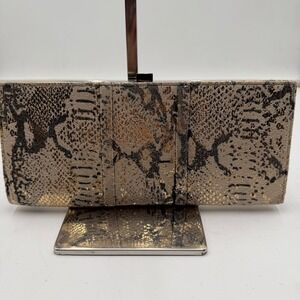 Kenneth Cole Reaction Metallic Gold Snakeskin Print Frame Clutch Wallet NWT